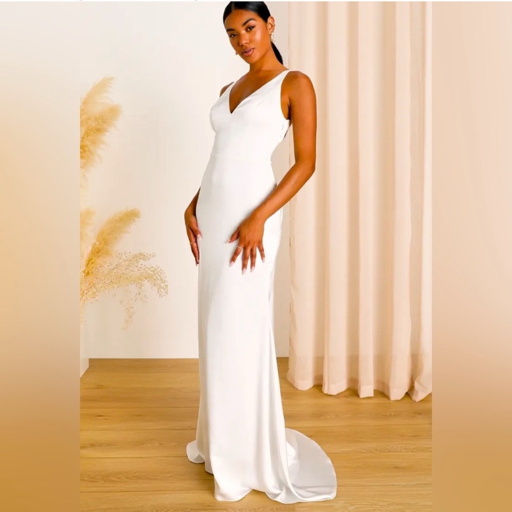Lulus Polished Perfection White Satin Sleeveless Mermaid Maxi Dress - NWT Small